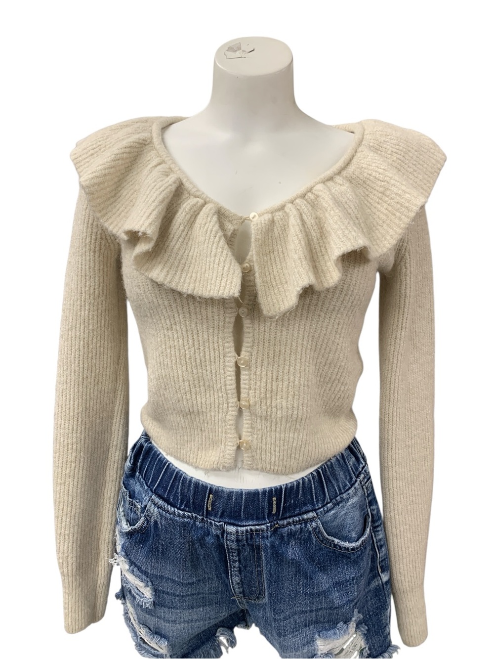 H&M Cream Ruffle-Trim Button-Up Knit Sweater Size XS